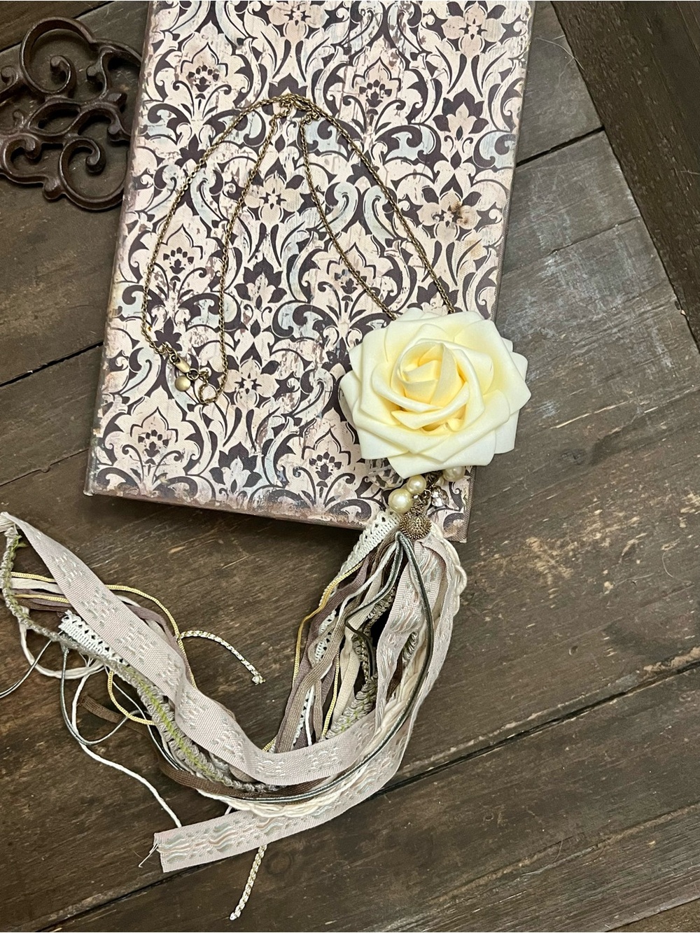 Hand Crafted Cream Rose Tassel Necklace